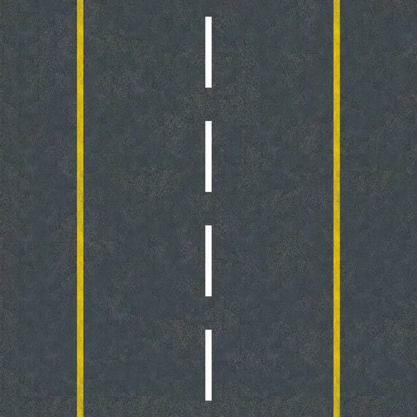 İki sarı şeritli asfalt yol ve üst manzaralı yaya geçidi.