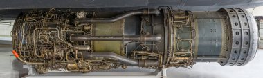 Uçak motoru detayı havacılık hangarında, bir turbo jet motorunun ayrıntıları.