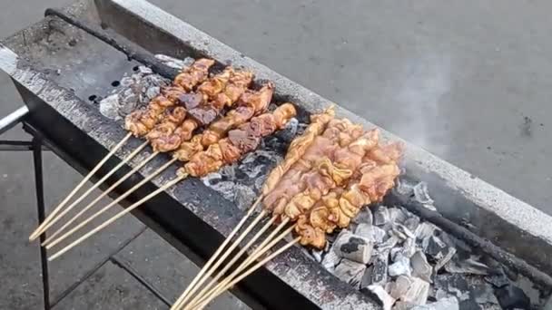 Indonesisches Chicken Satay Das Über Heißer Holzkohle Gegrillt Wird Nahaufnahme — Stockvideo