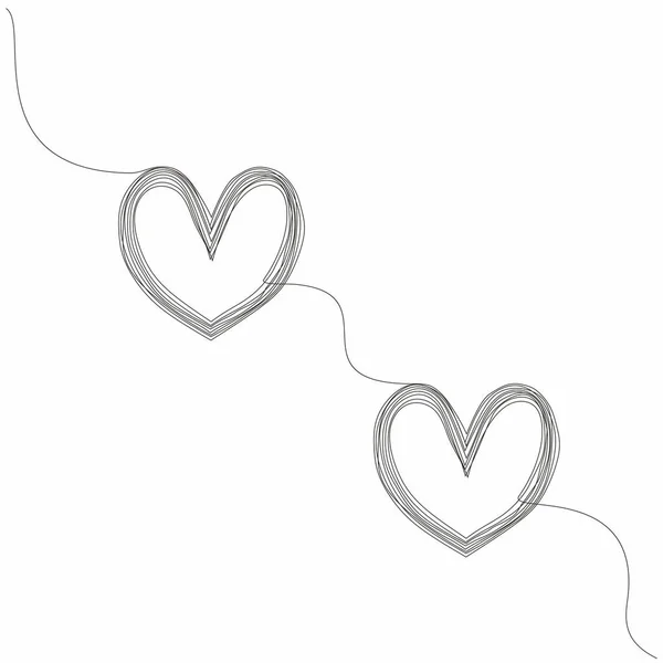 Dvě Propojená Visící Srdce Nepřetržitá Kresba Srdce Černé Jednořádkové Umění — Stockový vektor
