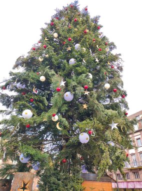 Eski Strasbourg kasabası Alsace, Fransa 'da Kleber Meydanı' nda süslenmiş Noel ağacı