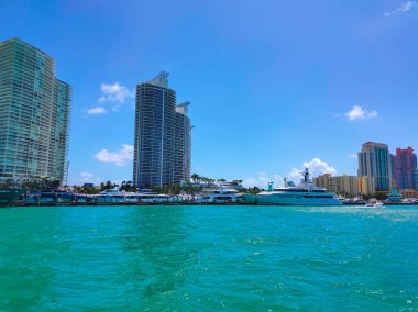 Miami, USA - April 23, 2022: Luxury yachts at the Bayside Marina in Miami, Florida USA