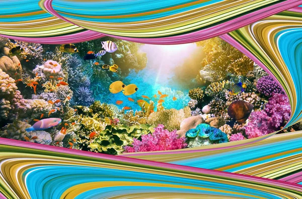 Colorful coral reef with many fishes. Art design of fish and sea - travel concept and save ocean life concept