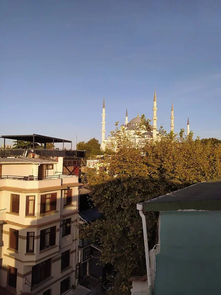Istanbul Stadsutsikt Över Moskén Med Sultanahmet Distriktet Mot Solnedgången Himmel — Stockfoto