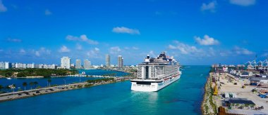 Miami, USA - April 29, 2022: MSC Seashore cruise ship prepares for departure from Miami to a weeklong Caribbean voyage