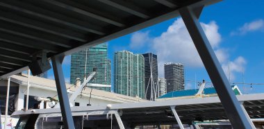 Miami, USA - April 23, 2022: Luxury yachts at the Bayside Marina in Miami, Florida USA