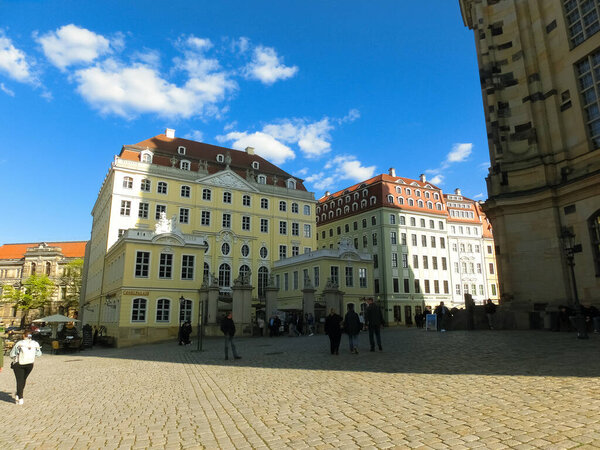 Dresden, Germany - April 18, 2022: New Market square (Neumarkt) and Coselpalais, Frauenkirche (Church of Our Lady)