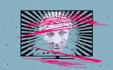Contemporary art design. Concept of creativity, mass media influence, information, fake news. Fashion artwork in magazine and pop art style.