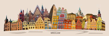 Modern retro tarzında Avrupa kenti sanat kolajı veya tasarımı - Polonya 'da Wroclaw