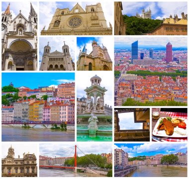 Lyon, France - aerial view of the city panorama. Aerial view of the city skyline. Collage