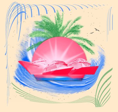 Abstract cruise ships or big liners in open water with tropic palm background . Collage or design about travel and vacations concept