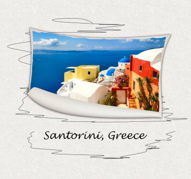 Beautiful sea view from the balcony. Oia town, Santorini island, Greece. Art design or collage