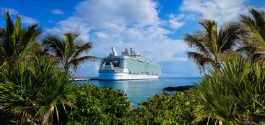 Abstract cruise ships or big liners in open water with tropic palm background .