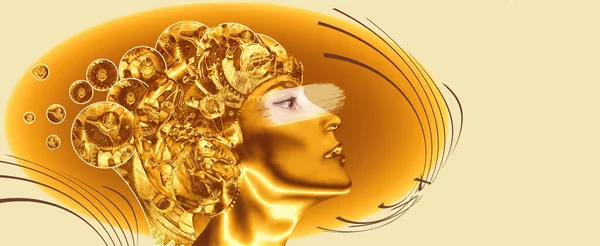 AI or Artificial Intelligence concept. Thinking businesswoman with gear mechanisms on her head. The education, idea or technology concept. Golden robot and human concept. Art design