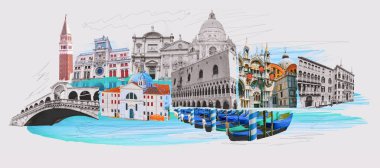 Çağdaş sanat eserleri. Retro tarzda yaratıcı tasarım. Venedik 'te güzel binalar varsa, siyah beyaz bir görüntü. Antika kasaba. Yaratıcılık kavramı, sürrealizm, hayal gücü, fütüristik manzara. Poster