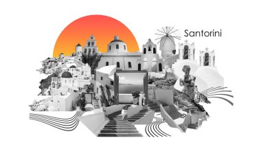 Beautiful sea view from the balcony. Oia town, Santorini island, Greece. Art design or collage