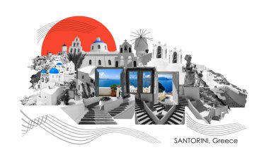 Beautiful sea view from the balcony. Oia town, Santorini island, Greece. Art design or collage