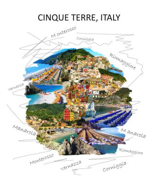 Cinque Terre, Liguria, İtalya 'daki bir kıyı köyünün panoraması. Sanat kolajı veya tasarım