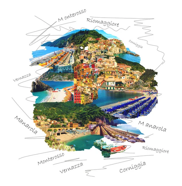 Panorama Pueblo Costero Cinque Terre Liguria Italia Arte Collage Diseño —  Fotos de Stock