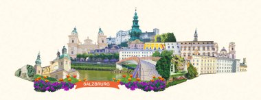 Salzburg ufuk çizgisinin kolajı Salzach nehri, Salzburger Toprakları, Avusturya. sanat kolajı veya tasarım