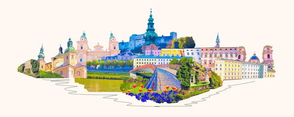 Colagem Visão Horizonte Salzburgo Com Rio Salzach Terra Salzburger Áustria — Fotografia de Stock