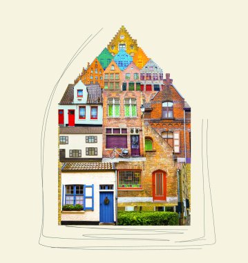 Belçika, Bruges 'deki bir kanal boyunca uzanan tarihi ortaçağ binalarının kolajı. Sanat tasarımı