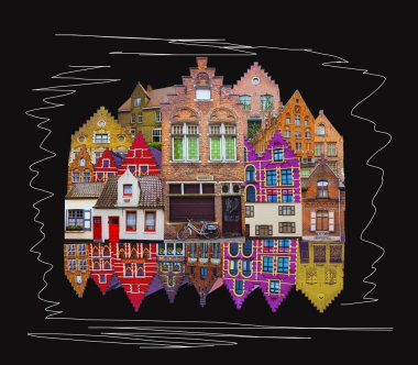 Belçika, Bruges 'deki bir kanal boyunca uzanan tarihi ortaçağ binalarının kolajı. Sanat tasarımı