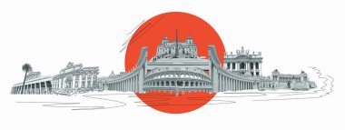 Roma 'nın ünlü simgeleri kolajı. Roma, İtalya ve Avrupa 'nın en iyi manzarasından modern sanat tasarımı.