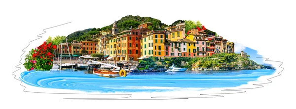 Collage Sobre Hermosa Bahía Con Casas Coloridas Portofino Liguria Italia — Foto de Stock