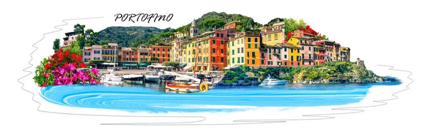Collage Sobre Hermosa Bahía Con Casas Coloridas Portofino Liguria Italia —  Fotos de Stock