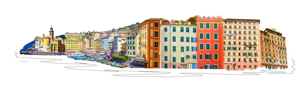 Edifícios Coloridos Praia Camogli Dia Ensolarado Verão Ligúria Itália Colagem — Fotografia de Stock