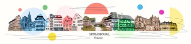 Strasbourg 'un Fransa' daki çeşitli manzaralarının kolajı. Fransa 'nın Strazburg şehrinde kışın yapılan tarihi ahşap cephe. Sanat tasarımı
