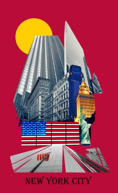 Binaların kolajı. New York City Manhattan manzaralı gökdelenler gökyüzüne karşı. Kolaj veya modern sanat tasarımı