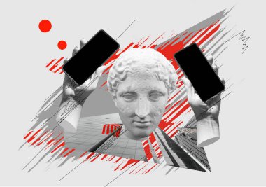 Antika heykeli ve telefonu olan çağdaş sanat tasarımı. ABD ve New York 'tan haberler