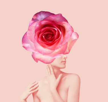 Soyut modern sanat tasarımı ya da yüzünde çiçekler olan genç bir kadının portresi gözlerini gizliyor.