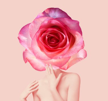 Soyut modern sanat tasarımı. Pembe üzerinde kırmızı gül kafası olan bir kadın vücudu