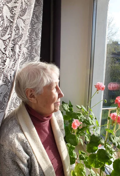 Стара Самотня Жінка Сидить Біля Вікна Своєму Будинку Квітами — стокове фото