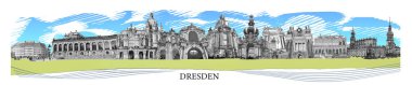 Almanya 'nın Dresden şehrinin kolajı. Zwinger Sarayı, Semper Opera Binası, Fuerstenzug Şatosu, Stallhof Kalesi, Frauenkirche veya Dresden, Saksonya, Almanya 'daki Meryem Ana Kilisesi - sanat tasarımı