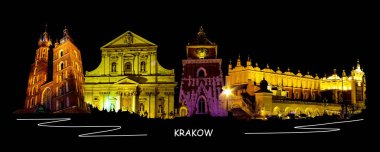 Krakow, Polonya hakkında kolaj - Şehrin gece manzarası