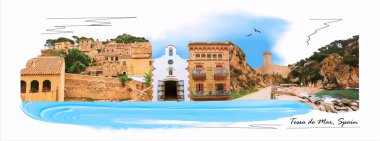 Tossa de mar 'daki antik kalenin kolajı. İspanya 'da Costa Brava - Sanat kolajı veya tasarımı