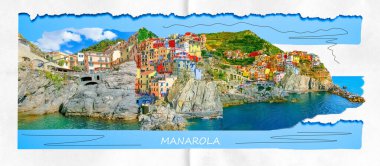 Akdeniz üzerindeki bir kayanın üzerindeki renkli geleneksel evler, Manarola, Cinque Terre, İtalya. Kolaj veya sanat tasarımı