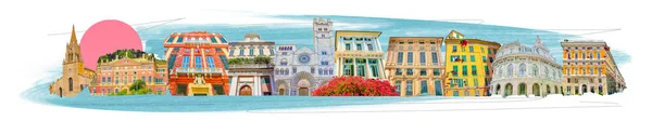 Collage Eller Konstdesign Fasader Italienska Byggnader Gamla Delen Staden Genua — Stockfoto