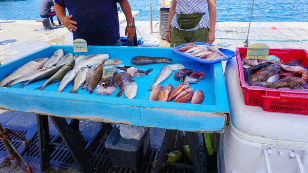 Fransk Fiskare Som Säljer Färsk Fisk Vieux Hamn Marseille Frankrike — Stockfoto
