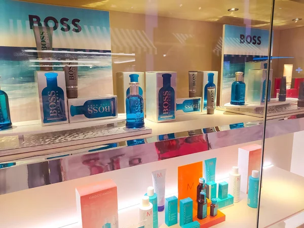 stock image Antalya, Turkey - May 11, 2021: Shop display of different types of perfume from Hugo Boss