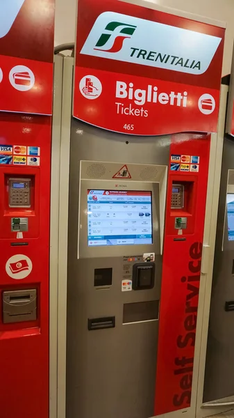 stock image Genoa, Italy - May 27, 2023: Trenitalia automatic ticket vending machine. Primary train operator in Italy, Trenitalia is owned by Ferrovie dello Stato Italiane, itself owned by the Italian Government