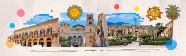 Palermo, Sicilya, İtalya yakınlarındaki Monreale 'nin tarihi merkeziyle ilgili karşıt sanat kolajı veya tasarımı