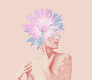 Soyut modern sanat tasarımı ya da yüzünde çiçekler olan genç bir kadının portresi gözlerini gizliyor.