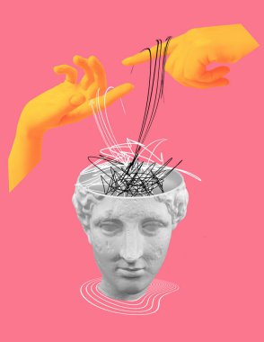 Soyut insan beyni ve insan eli, çizim tarzı. Pembe arka planda izole edilmiş yaratıcı fikir sembolü, sanat tasarımı veya kolaj. Ruh Sağlığı Konsepti