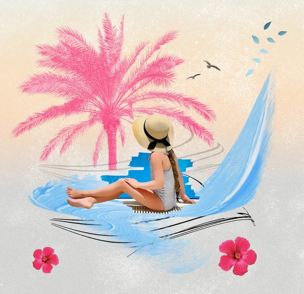 Dívka Klobouku Sedící Bazénu Umělecká Koláž Nebo Design Létě Prázdninách — Stock fotografie