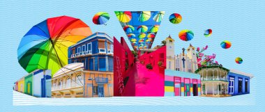 Colorful buildings in center of Puerto Plata, Dominican Republic. Collage. Pink street with green plants, windows, street lams, decorative caribbean entourage in old city victorian style. Art design